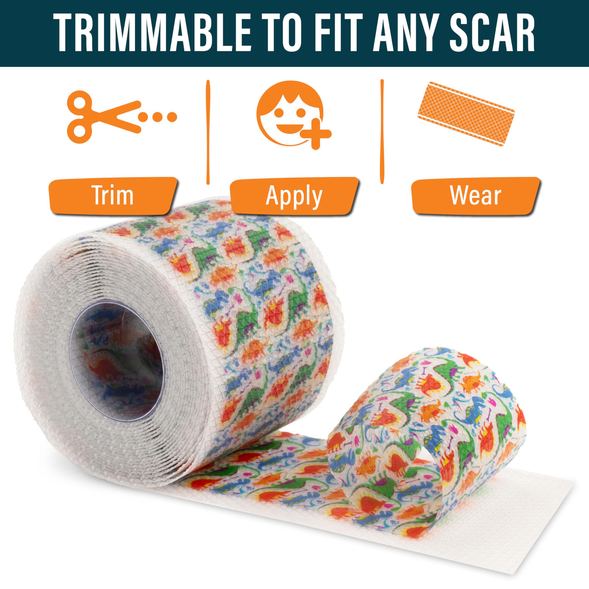 NUVADERMIS Silicone Scar Tape for Kids - Scar Tape for Surgical Scars - 120" x 1.5" Roll - Reusable Medical Grade Silicone Scar Tape for Children - 1 Pack - Dinosaurs