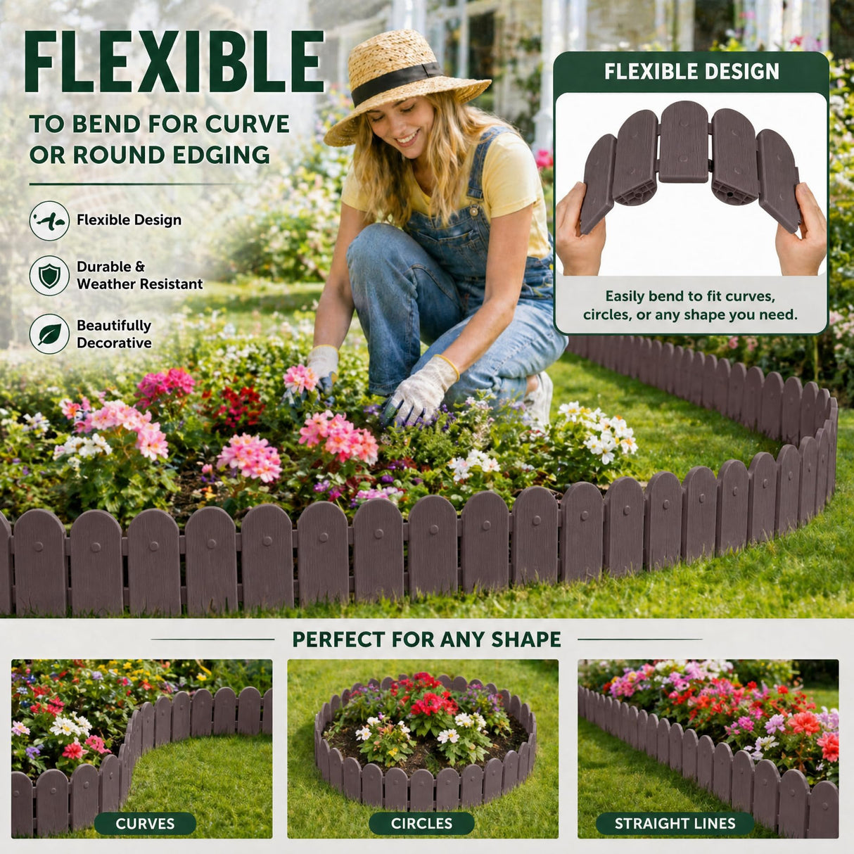 Evelyne Garden Border Plastic Edging: Wooden Fence Design - 16pcs Brown Yard Landscaping Fence Liner Lawn Edge Barrier - 20ft Kit of Decorative Lawn Panels Elements -Landscaping Edging-GMT-10374-A16