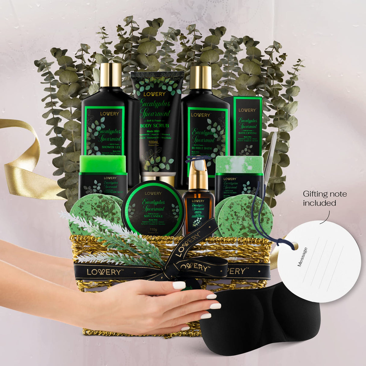 Mothers Day Gifts, Eucalyptus Spearmint Bath Set, Home Spa Set with Natural Mint Fragrance, 17 Pcs Gift Basket, Eucalyptus Bath Oil, Shower Gel, Bubble Bath, Bath Crystal, Steamer Tablet & More