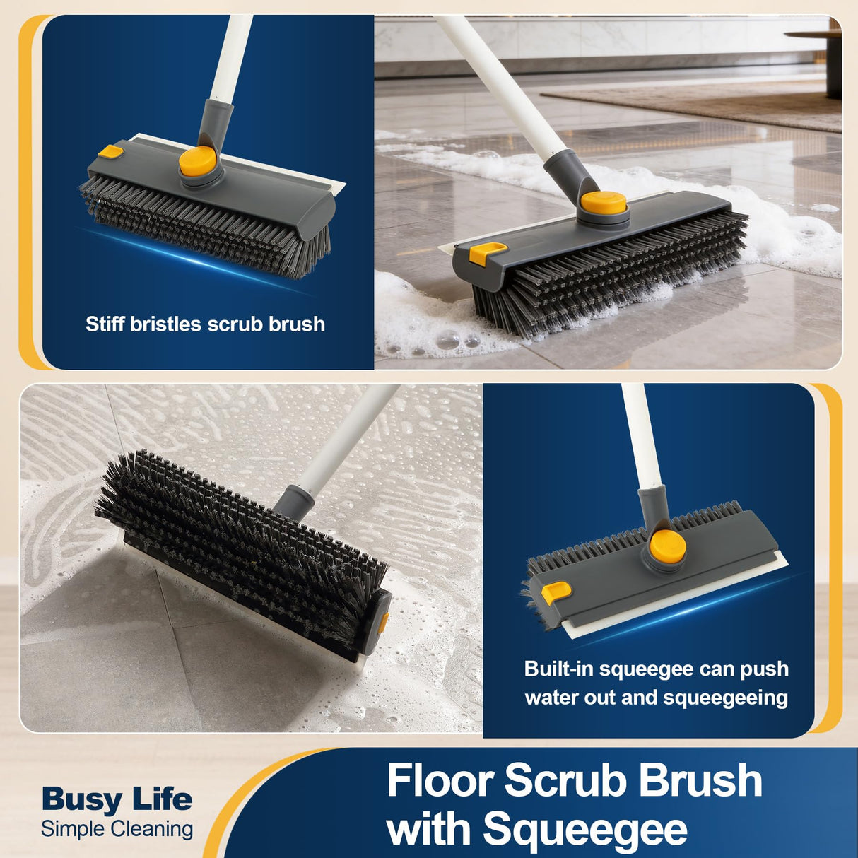 Yocada Floor Scrub Brush with Long Handle 3 in 1 Dual-Sided Stiff Bristle Scrubber Brush and Scrape Squeegee Indoor&Outdoor for Cleaning Bathroom Kitchen Patio Pool Garage Wall Deck 53.9"