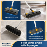 Yocada Floor Scrub Brush with Long Handle 3 in 1 Dual-Sided Stiff Bristle Scrubber Brush and Scrape Squeegee Indoor&Outdoor for Cleaning Bathroom Kitchen Patio Pool Garage Wall Deck 53.9"