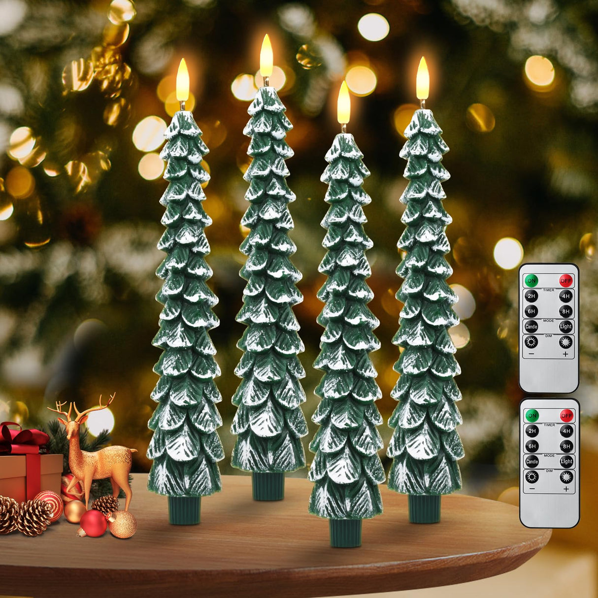 Flameless Candles with Remote – 4 Pack Christmas Tree Candles, Battery Operated Snowy Tree Design, 3D Flickering Flame, Safe Holiday Home Decor for Christmas Decorations & Gifts