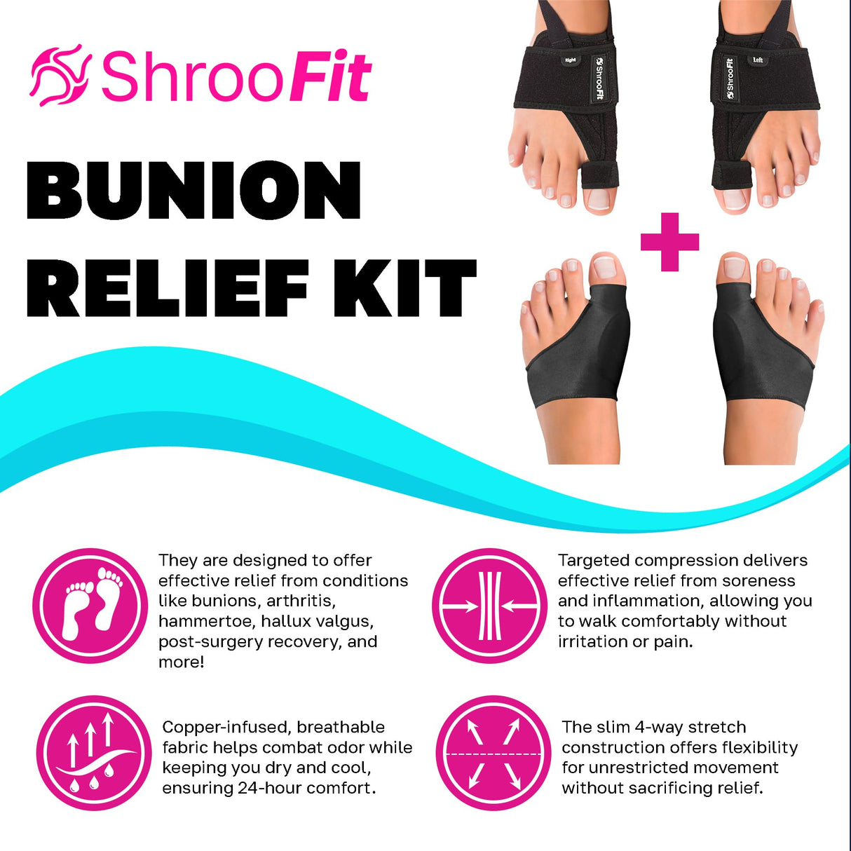 ShrooFit Effective Bunion Corrector for Men & Women | Relief Kit with Cushion Sleeves | Toe Straightener – Large/X-Large