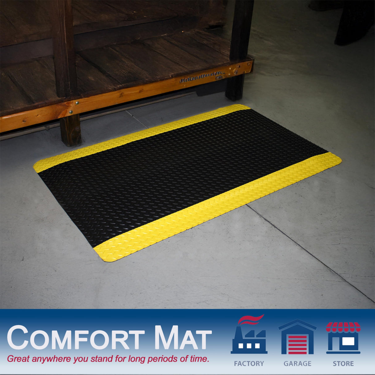 Durable Corporation-442S Vinyl Heavy Duty Diamond-DEK Sponge Industrial Anti-Fatigue Floor Mat, 2' x 3', Black with Yellow Border