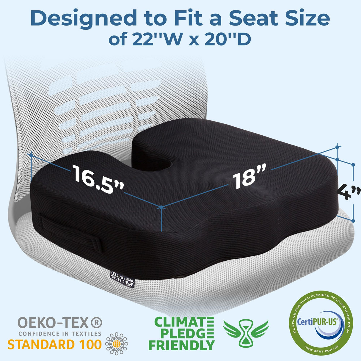 5 STARS UNITED Seat Cushion for Tailbone Pain Relief – Large Memory Foam Lifting Pillow for Coccyx, Hip, Sciatica & Post-Surgery Recovery – Wheelchair, Car, Desk, Gaming & Office Chairs, Black