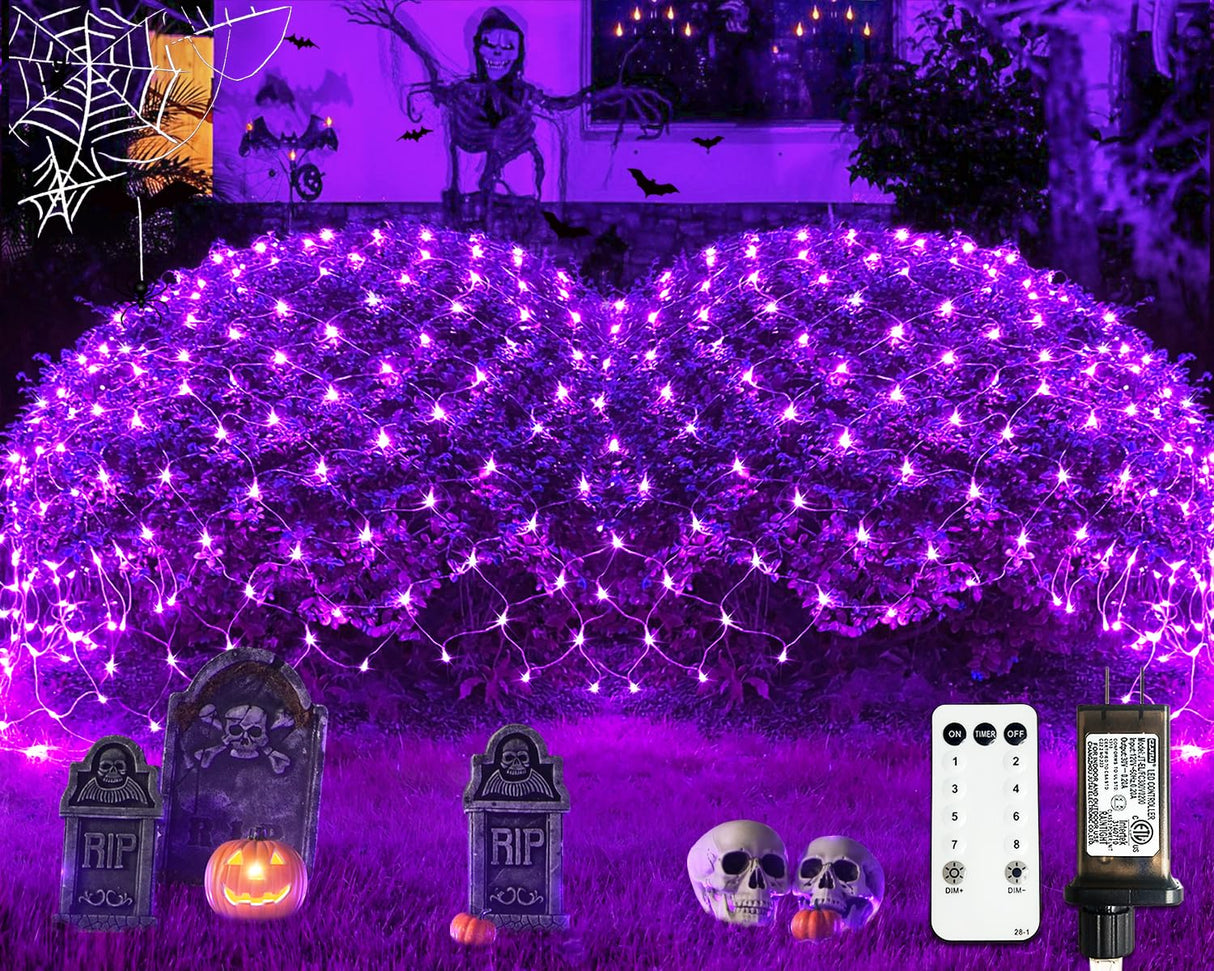 JMEXSUSS 360 LED Purple Halloween Lights - Plug in, Outdoor Waterproof, 12 ft x 5 ft Purple Net Lights with Remote for Halloween & Christmas Bush