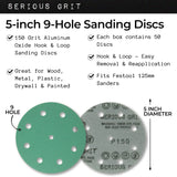 Serious Grit - 5-Inch 9-Hole 150 Grit Sanding Discs - Heavy-Duty Hook & Loop Film Discs - Sandpaper for Random Orbital Sanders - 50 Pack Box