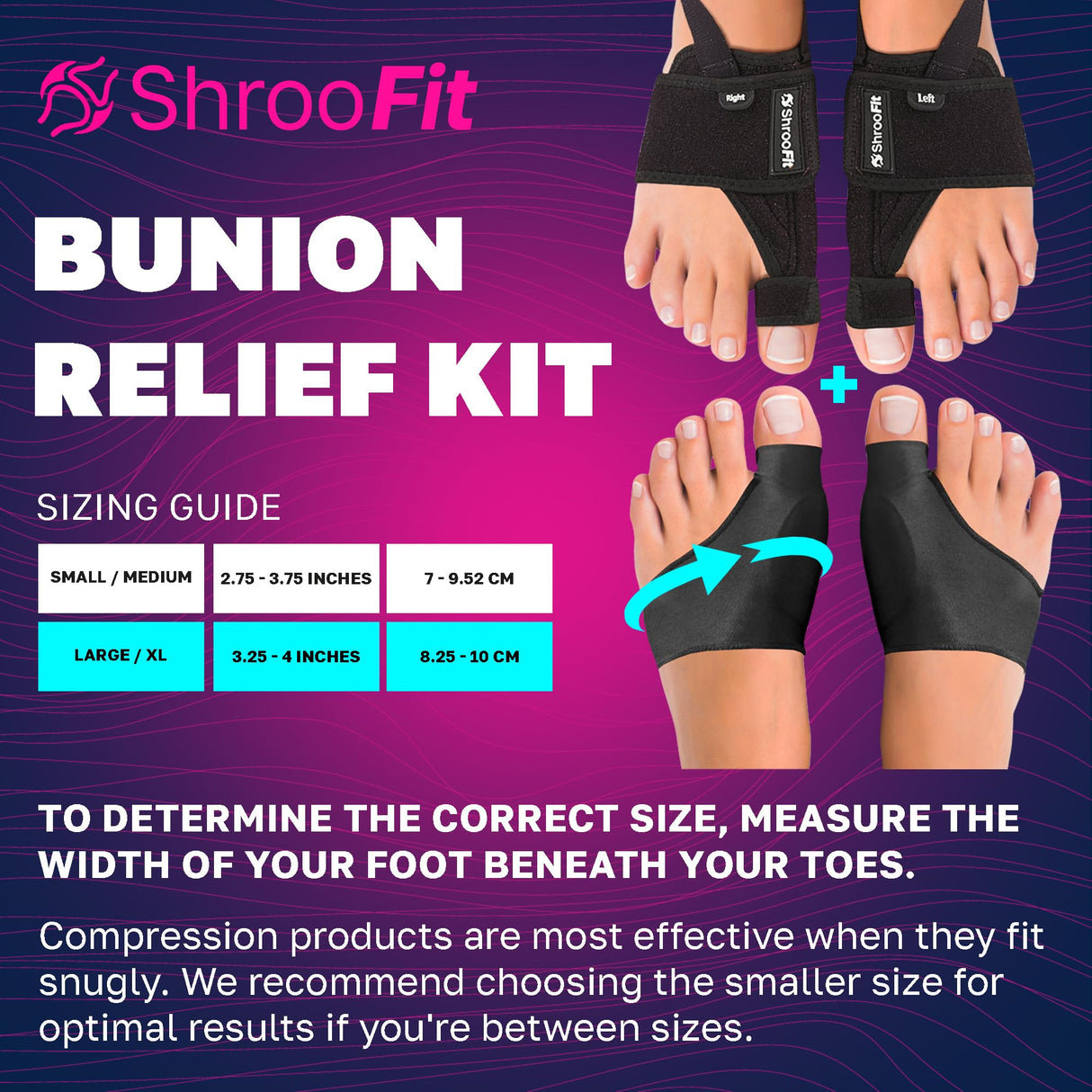 ShrooFit Effective Bunion Corrector for Men & Women | Relief Kit with Cushion Sleeves | Toe Straightener – Large/X-Large