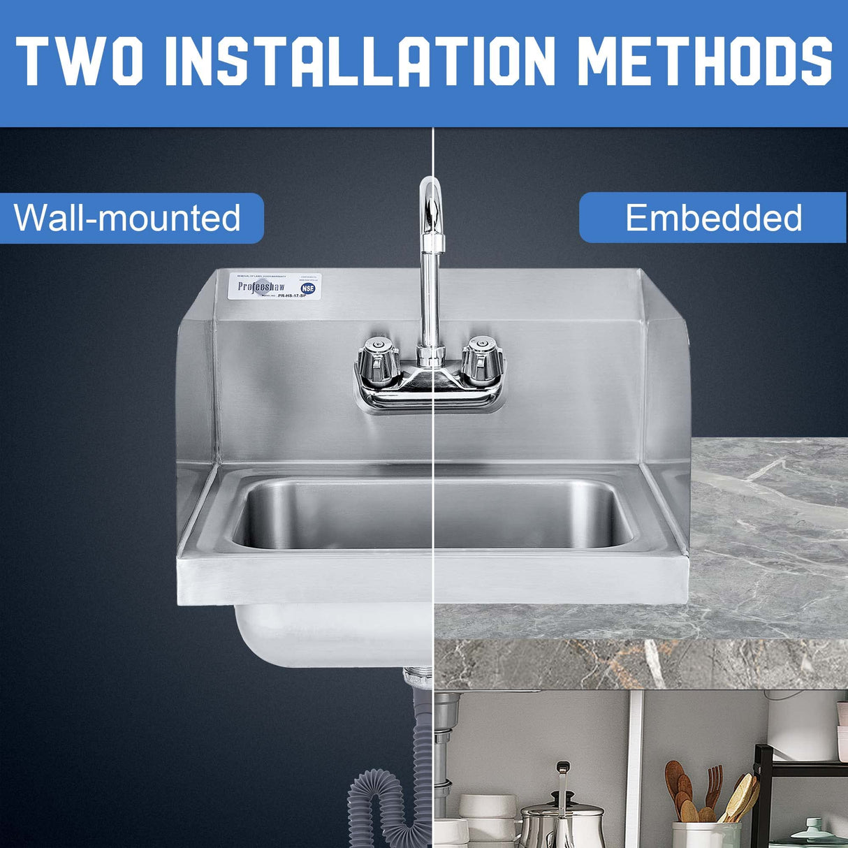 Profeeshaw Stainless Steel Sink Commercial Wall Mount Hand Washing Basin NSF Certified, with Gooseneck Faucet and Side Splash Guard, for Restaurants, Stores, Bars and Home, 17" x 15" …