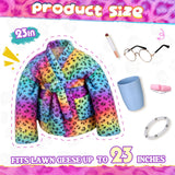 Sunnymove 23 Inch Porch Goose Statue Outfits Set Neon Rainbow Leopard Porch Goose Bathrobe Costumes with Clothes & Accessories for Patio Yard Garden Lawn Outdoor Decoration