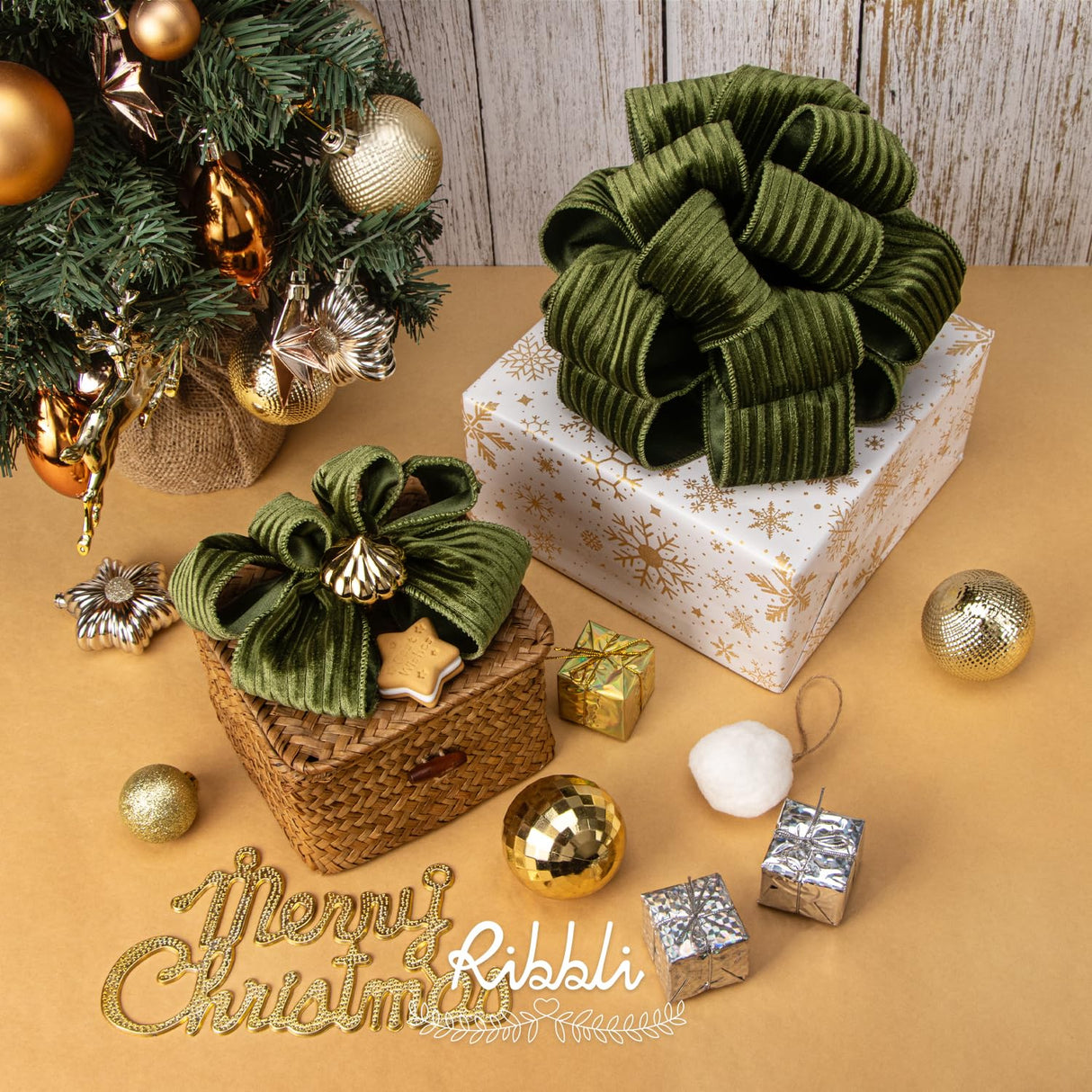 Ribbli Glossy Moss Green Velvet Wired Ribbon 2.5 Inch Striped Velvet Christmas Ribbon for Gift Wrapping Christmas Tree Decoration Crafts Wreaths Supplies-Continuous 10 Yards