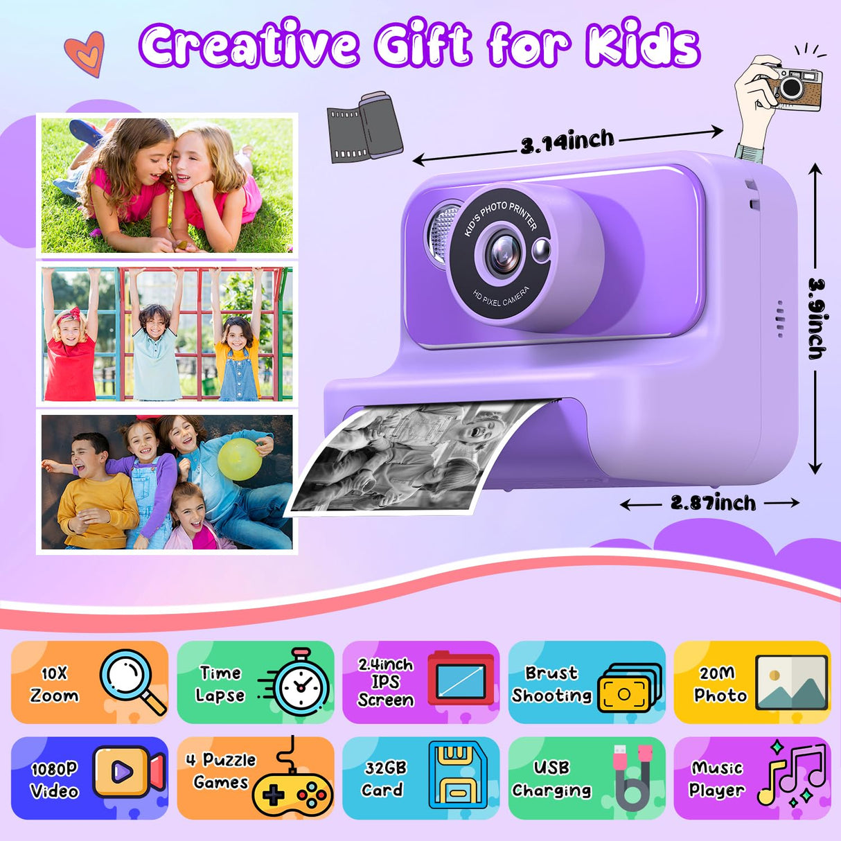 Kids Camera Instant Print, Christmas Birthday Gifts for Girls and Boys, 1080P HD Video Digital Kids Camera with 32G Card, Toddler Camera for 3-12 Years Old, Purple