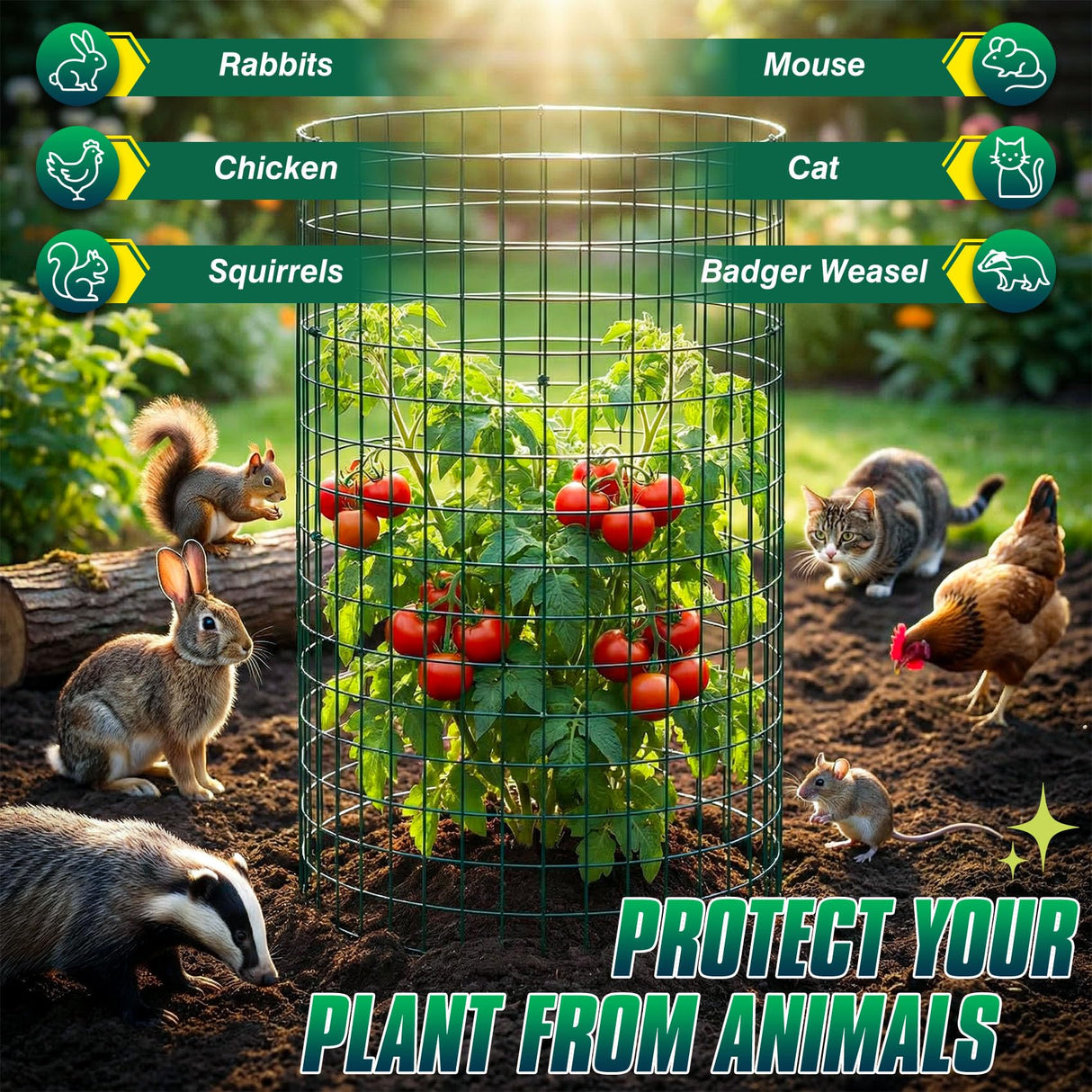 12 Pack 17" x 12" Tall Round Plant Cage - 36PCS Plant Support Cage Metal Wire Mesh Plant Protector for Outdoor Gardening Supplies Garden Protection Rabbits Chickens Ducks for Vegetables Flowers Shrubs