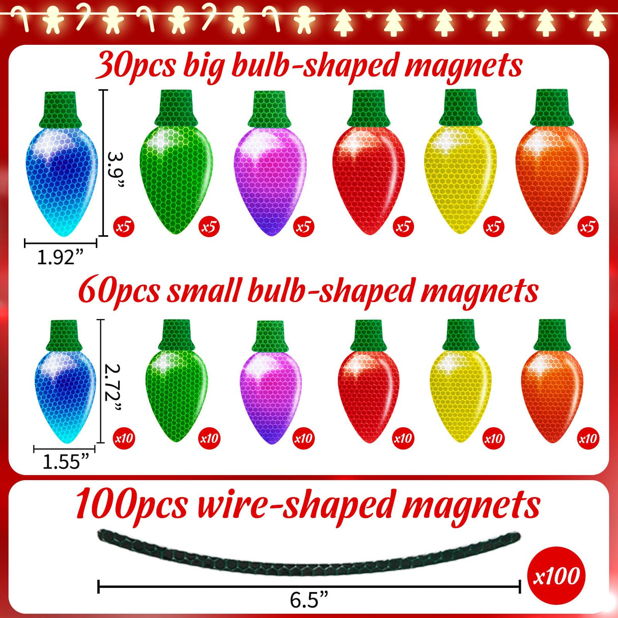 190PCS Christmas Car Refrigerator Decorations - 90 Reflective Bulb Light Shaped Magnets 100 Magnetic Wires Ornaments Set Xmas Holiday Cute Decor