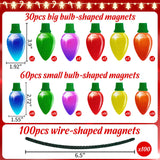 190PCS Christmas Car Refrigerator Decorations - 90 Reflective Bulb Light Shaped Magnets 100 Magnetic Wires Ornaments Set Xmas Holiday Cute Decor