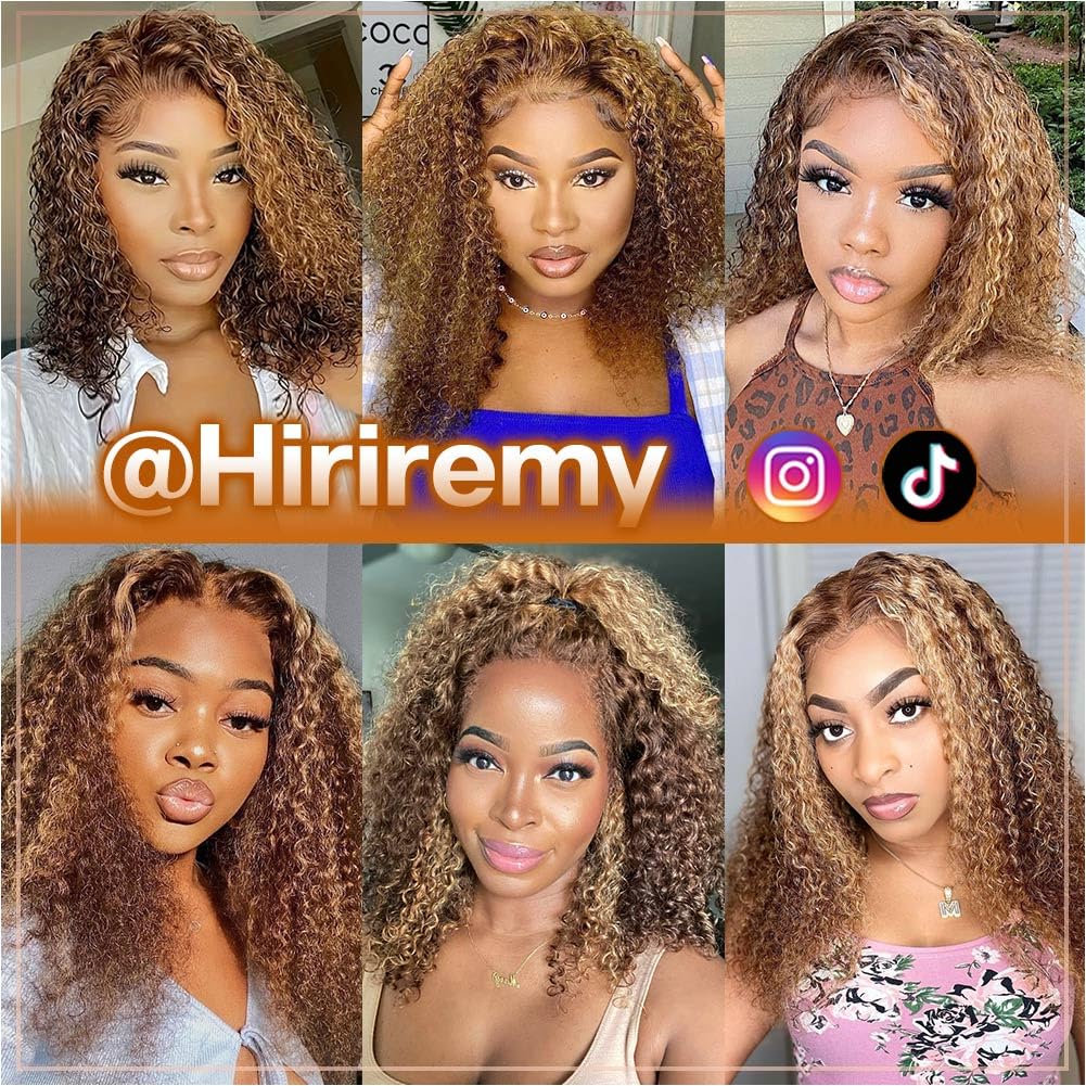 HIRIREMY Ombre Highlight Deep Wave Curly Bob Wigs Human Hair Pre Plucked Wear And Go Glueless 13x4 Hd Honey Blonde Highlight Lace Front Wig Human Hair For Black Women Wet And Wavy 4/27 14 Inch