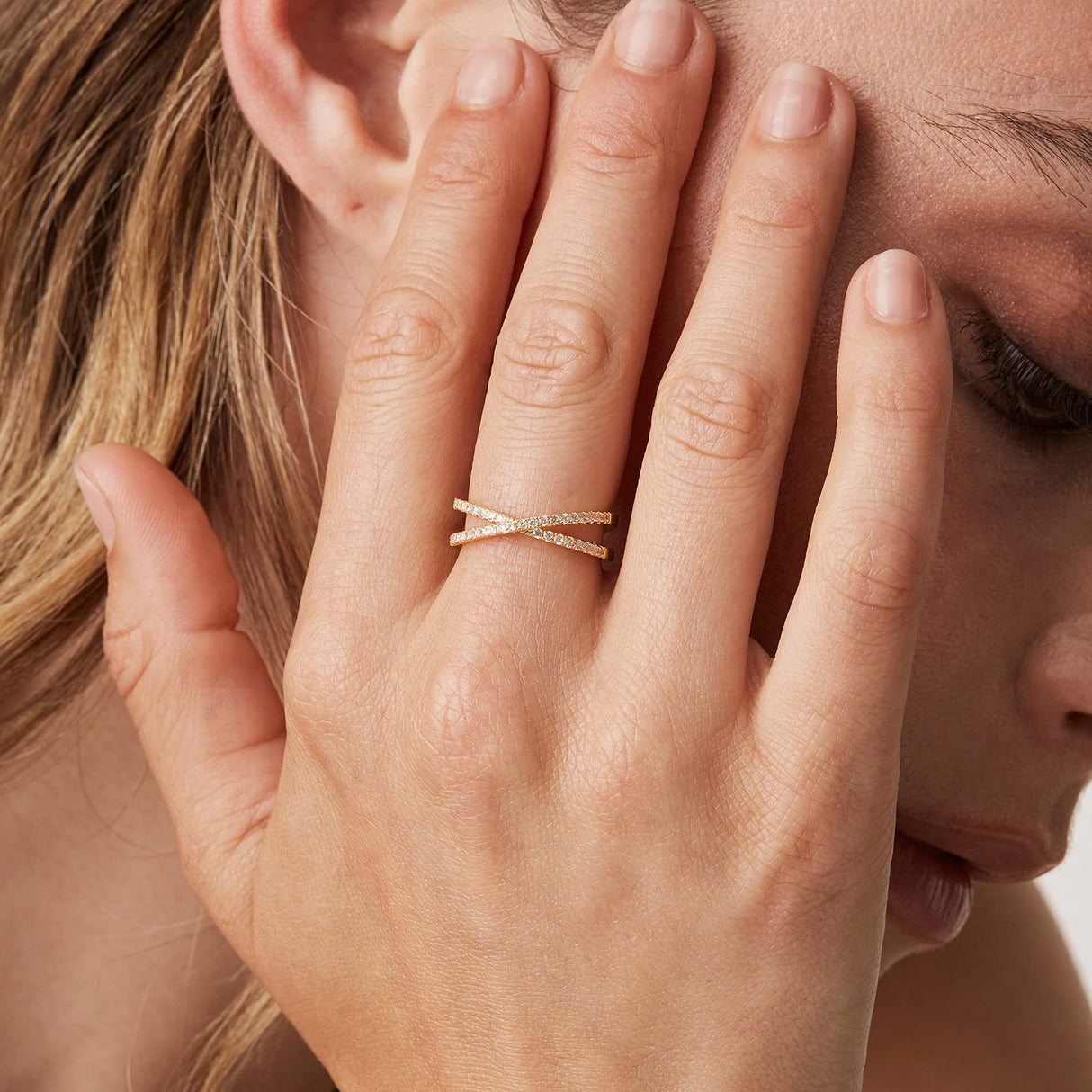 PAVOI 14K Gold Plated X Ring CZ Criss Cross Ring for Women, Yellow Gold