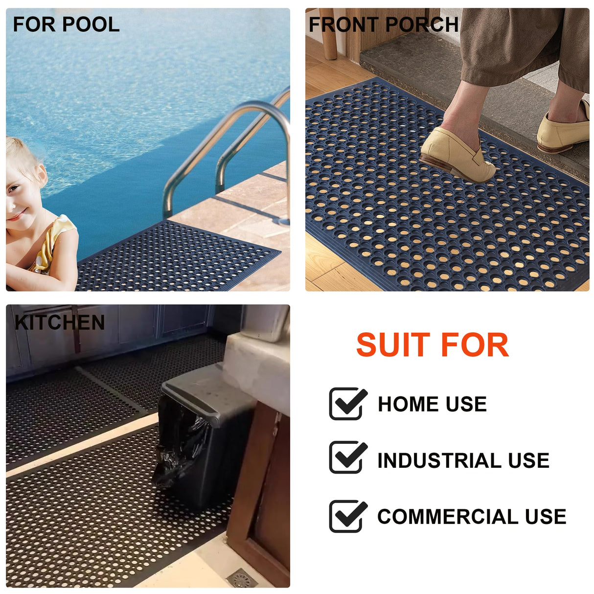 OrangeStar Anti-Fatigue 4-Pack Rubber Floor Mat, 24”x36” Restaurant Kitchen Commercial Drainage Mats, Non-Slip Door Mat w/Holes for Indoor Outdoor Bar Pool, Black