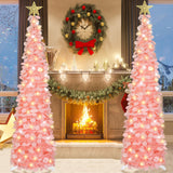 HMASYO 5 FT Pop Up Christmas Tree with Timer Lights, Pink Christmas Tinsel Tree, Collapsible Artificial Pencil Christmas Tree for Indoor Home Apartment Porch Holiday Party Decorations