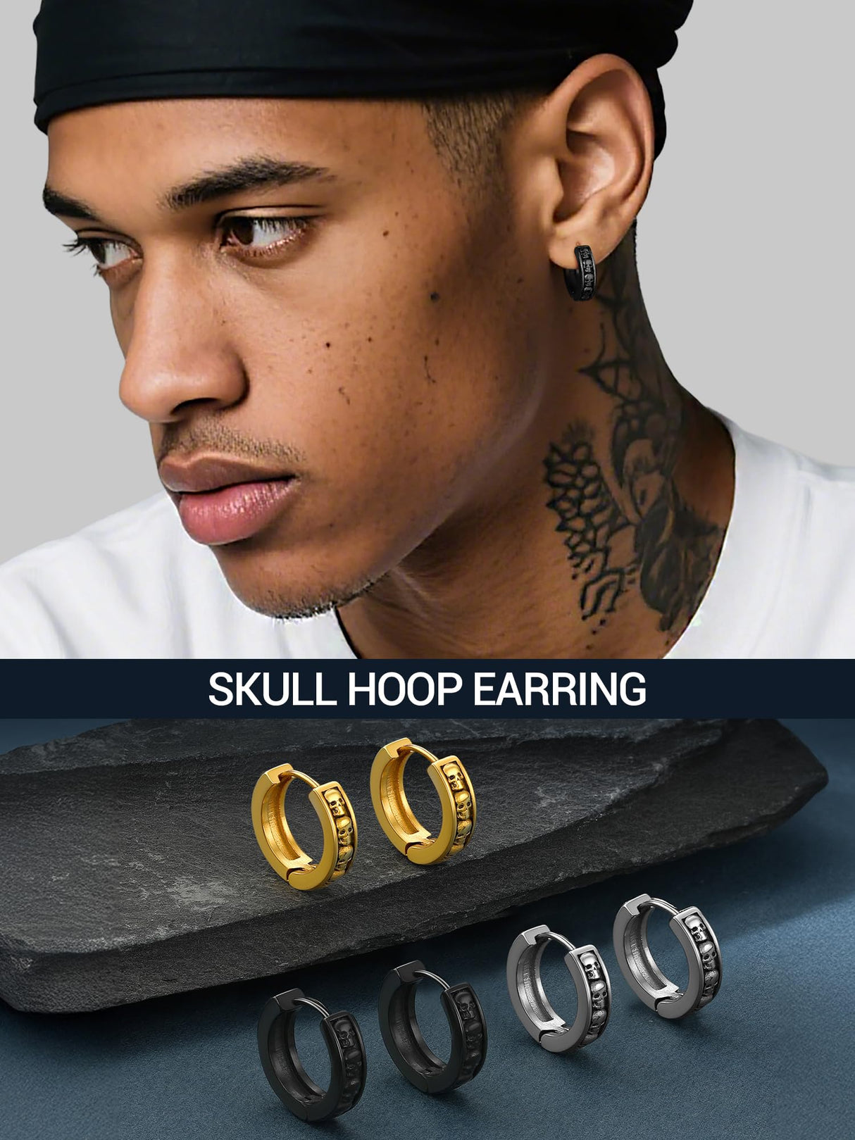 Black Skull Hoop Earrings For Men Gothic Goth Jewelry Stainless Steel Small Hoops Cool Earrings