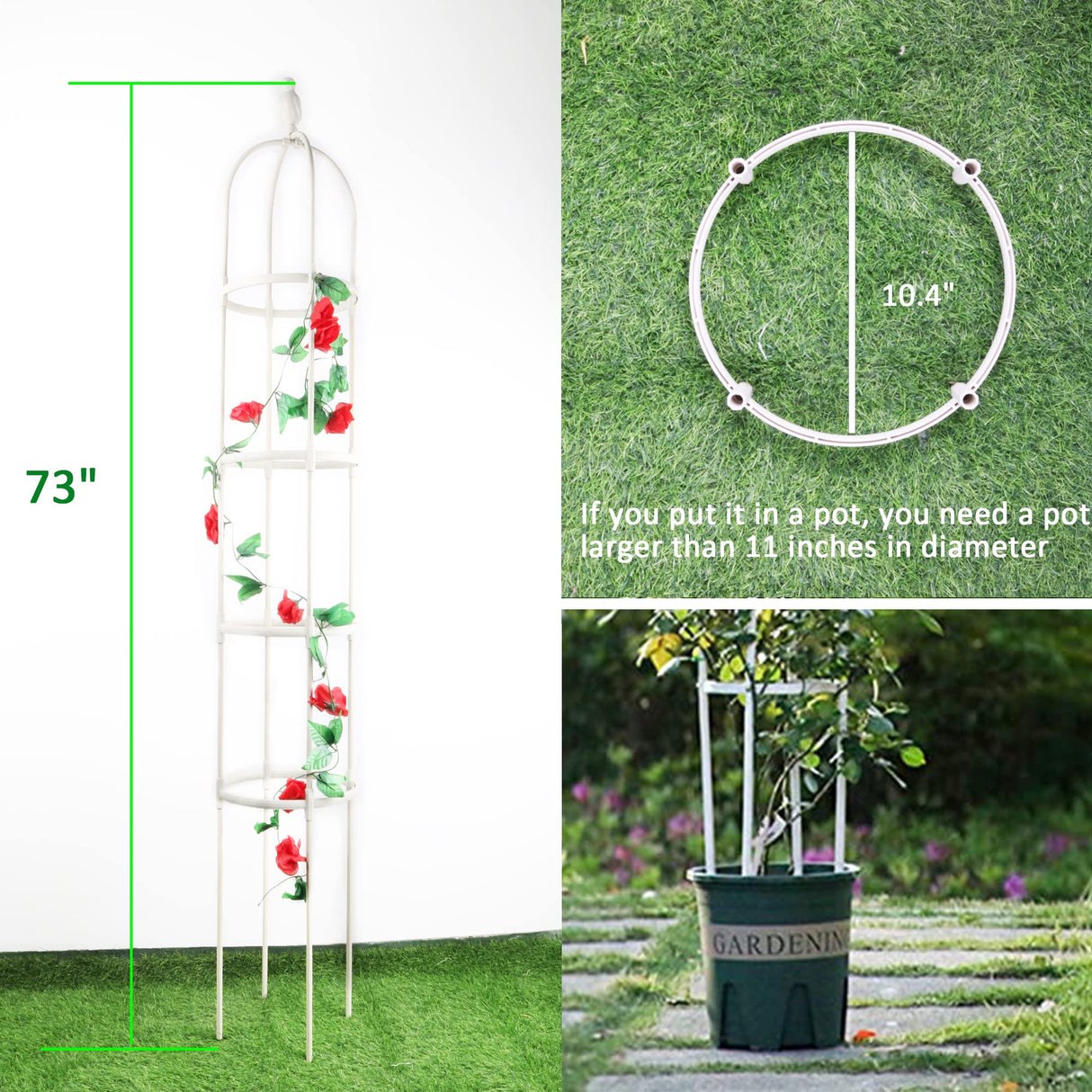 Garden Trellis for Climbing Plants, Rustproof Metal Pipe with Heavy Duty 6ft, Garden Outdoor Indoor Potted Plant Support（White）