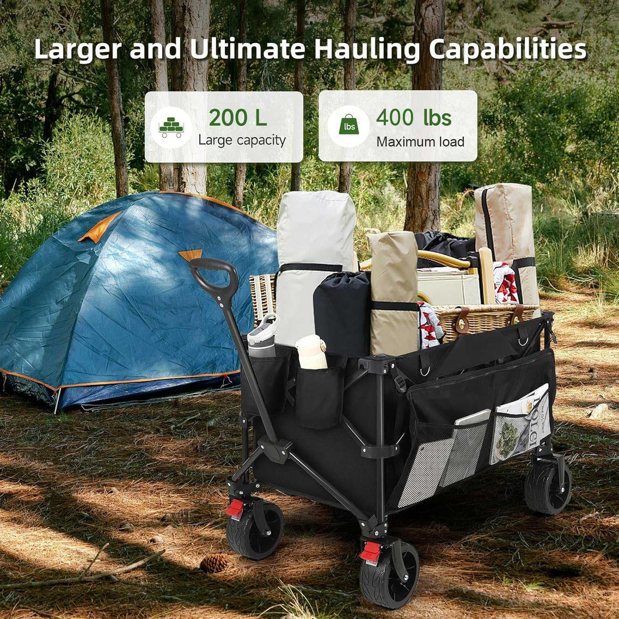HAUSPROFI Collapsible Wagon Cart, 400 lbs Capacity, 7 cu ft (200L) Large Storage, Heavy Duty Foldable Utility Wagon with Pockets, Beach Wagon with Big Wheels for Sand, Garden, Camping & Grocery