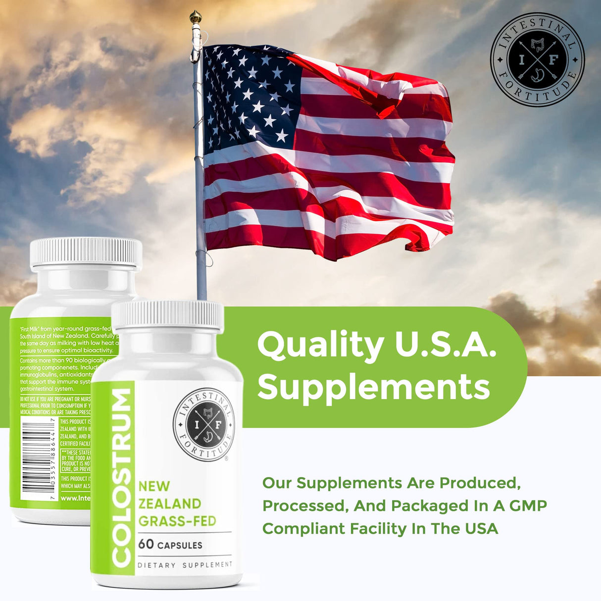 Intestinal Fortitude 100% Grass Fed New Zealand Cows Colostrum Capsules, Grassfed, Hormone Free, GMO Free, Optimal Gut Health and Immune System Support, Leaky Gut, IBD, 500 mg Capsules, 60 CT