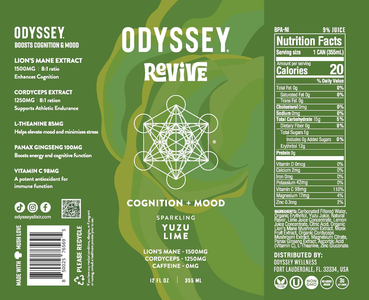Odyssey Revive Sparkling Hydration Drink w/L Theanine, Lions Mane, Cordyceps and Electrolytes, Caffeine Free Natural Energy Drinks, Vegan, Non-GMO, Yuzu Lime Flavor, 12 Fl oz, 12 Pack