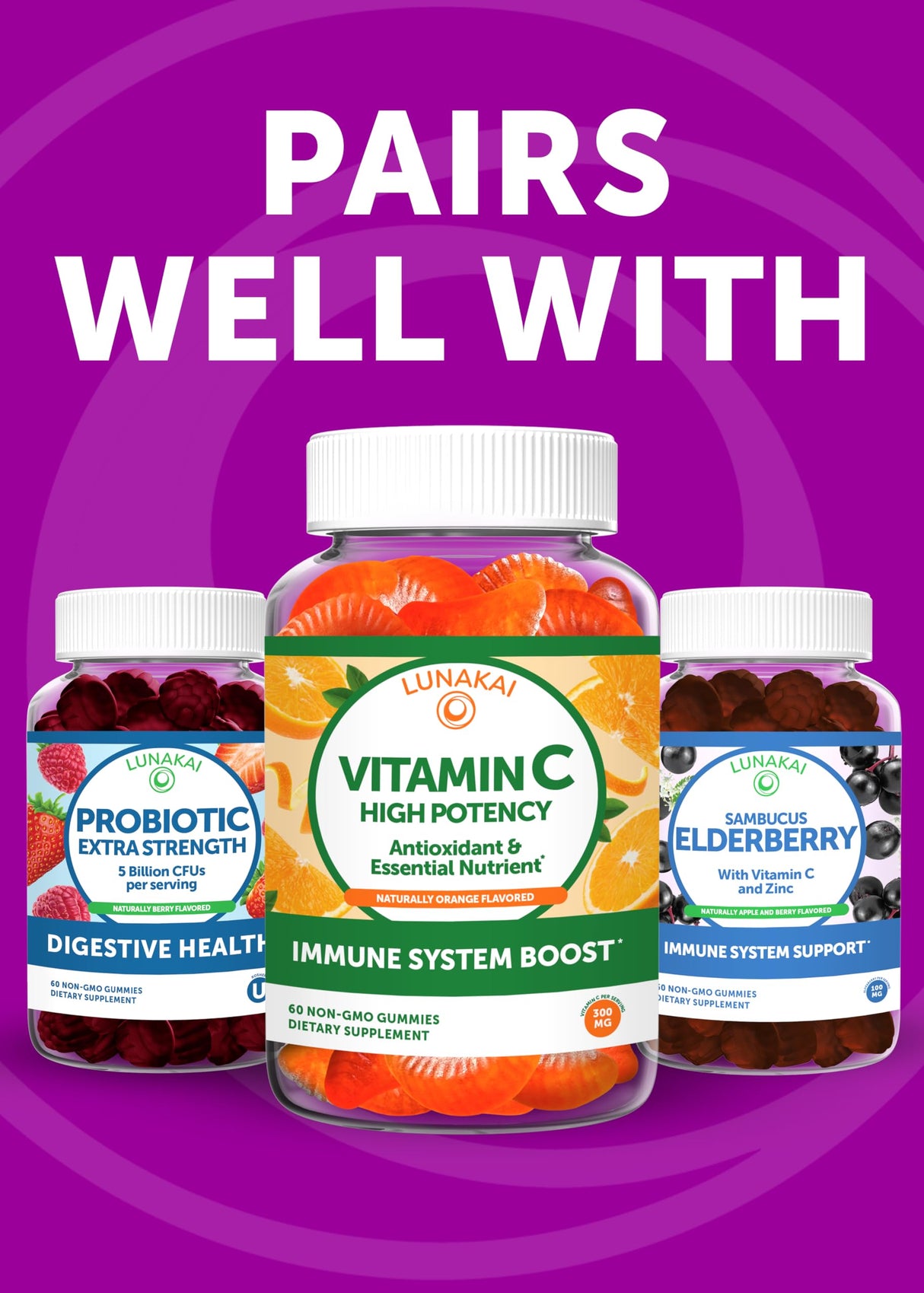 Lunakai USA Made Irish Sea Moss Gummies with Ashwagandha & Elderberry – Delicious Immune & Stress Support Supplement for Men & Women, 60ct