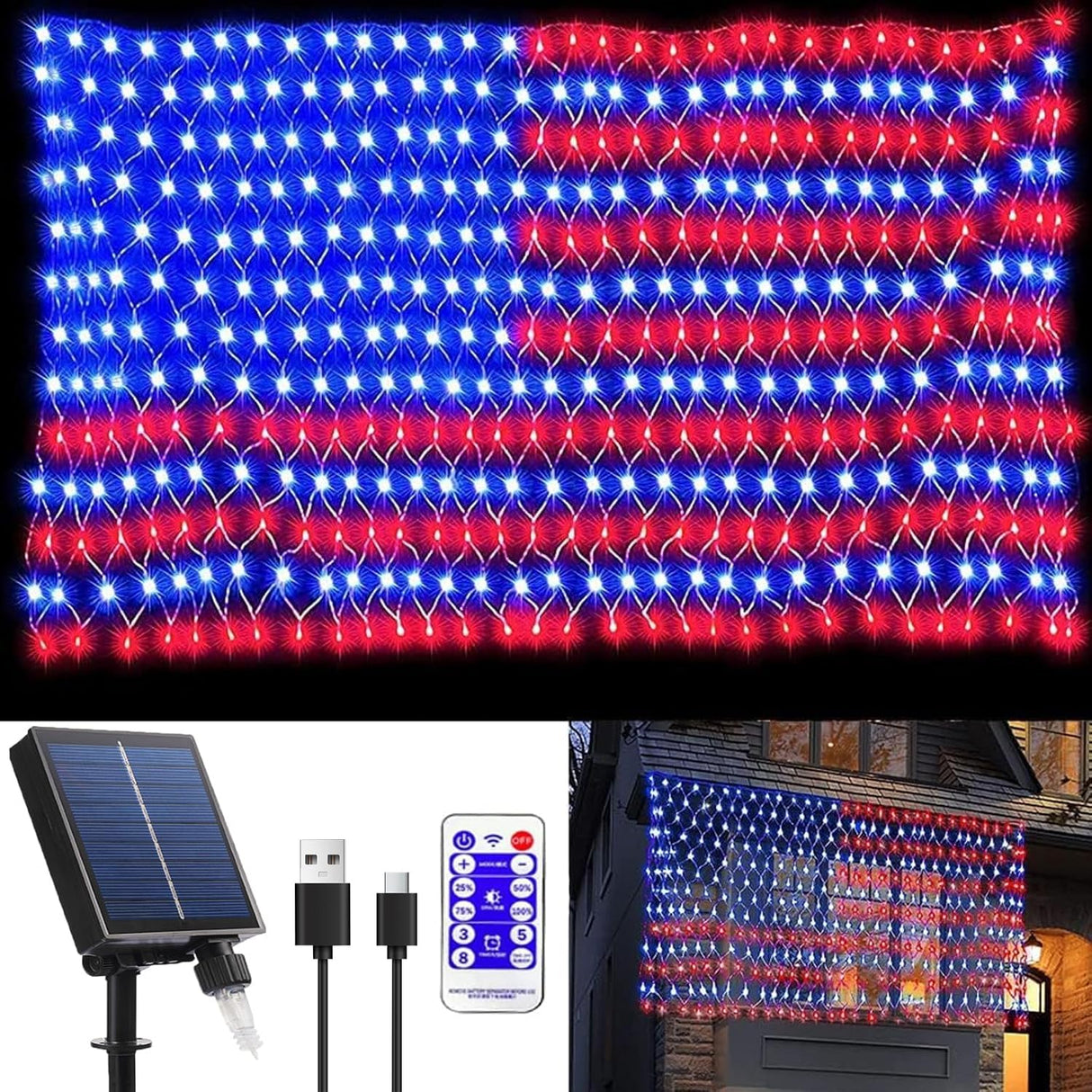 Solar American Flag Lights, 420 LED Waterproof American Flag Net Lights Independence Day Decorations 8 Modes Outdoor String Light for 4th of July Independence Day, Garden, Yard Home Decorations