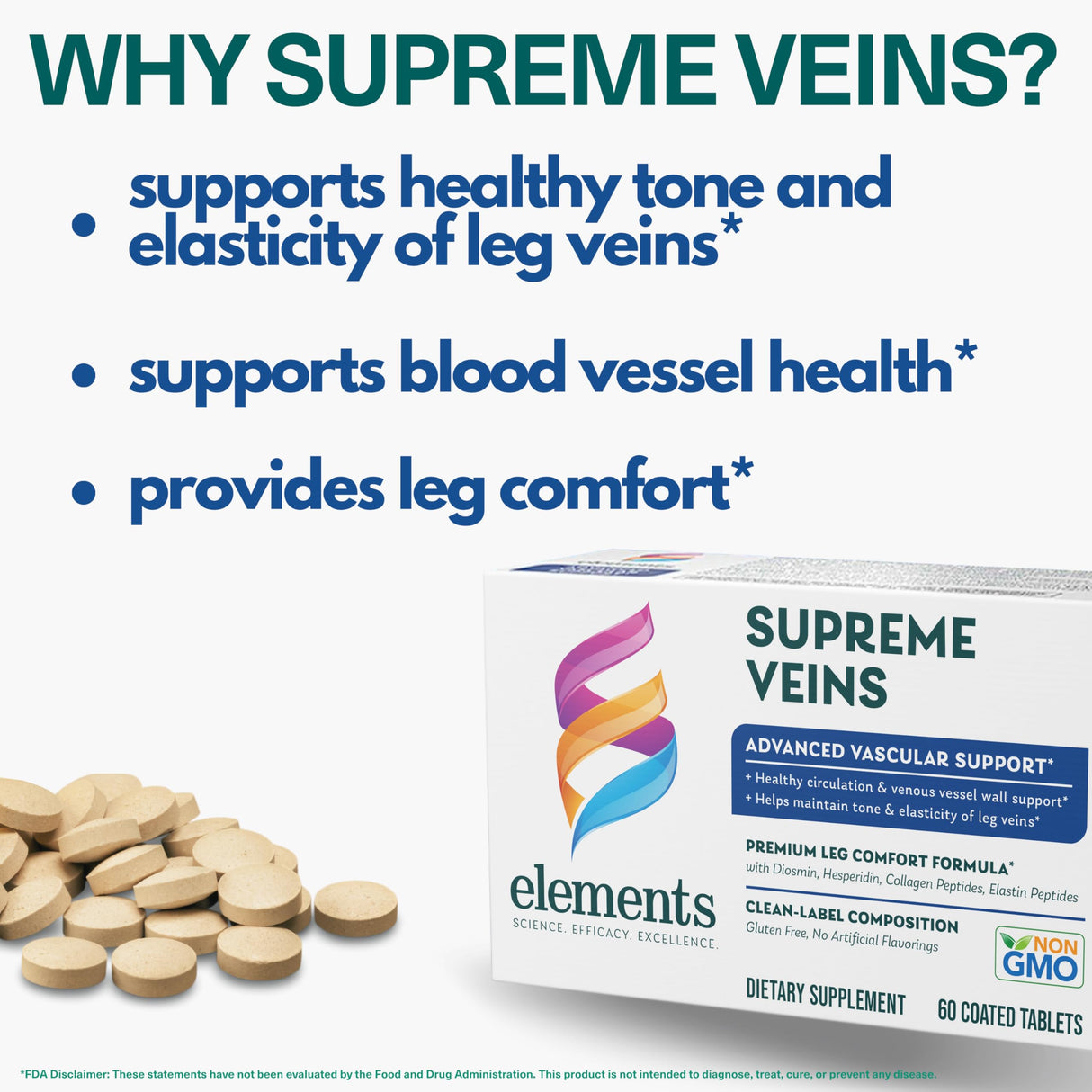 Elements Supreme Veins, 60 Tablets (30 Day Supply), Advanced Vascular Support Supplement, Supports Healthy Circulation and Elasticity in Leg Veins, Gluten Free