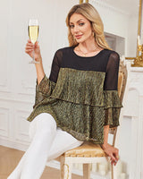 Bebonnie Flowy Sparkly Tops for Women Party: Ladies Casual Long Sleeve Dress Shirts Chiffon Blouses Plus Size Dressy Tops for Wedding Elegant Christmas Night Out Fancy Evening Wear Black Gold XXL