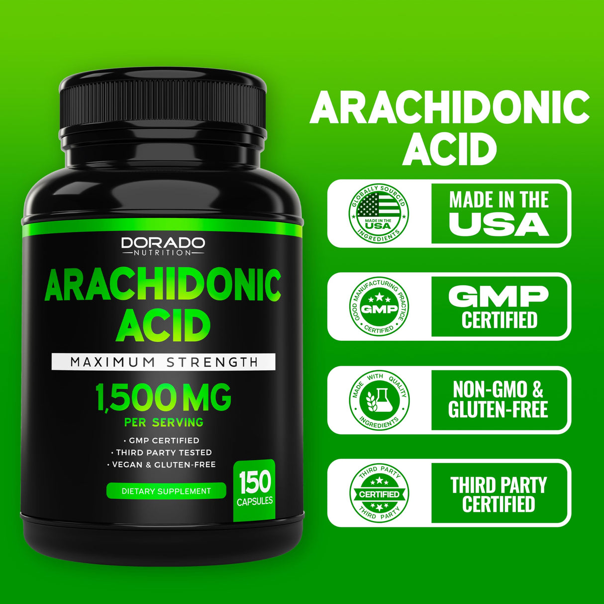 Arachidonic Acid Supplement 1500mg (150 Capsules) - Muscle and Strength Supplement for Muscle Mass & Recovery for Men & Women - Gluten Free & Non-GMO - 3rd Party Tested - (150 Capsules)