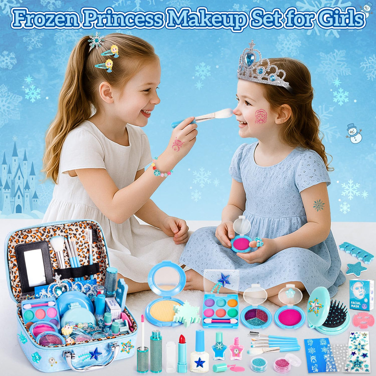 Hohosunlar Kids Makeup Set for Girls Toys, 34Pcs Washable Princess Frozen Make Up Kit w/ Dress Up Accessories, Christmas Birthday Princess Gifts Toys for Girls Kids Toddlers Age 3 4 5 6 7 8 9 10 11 12