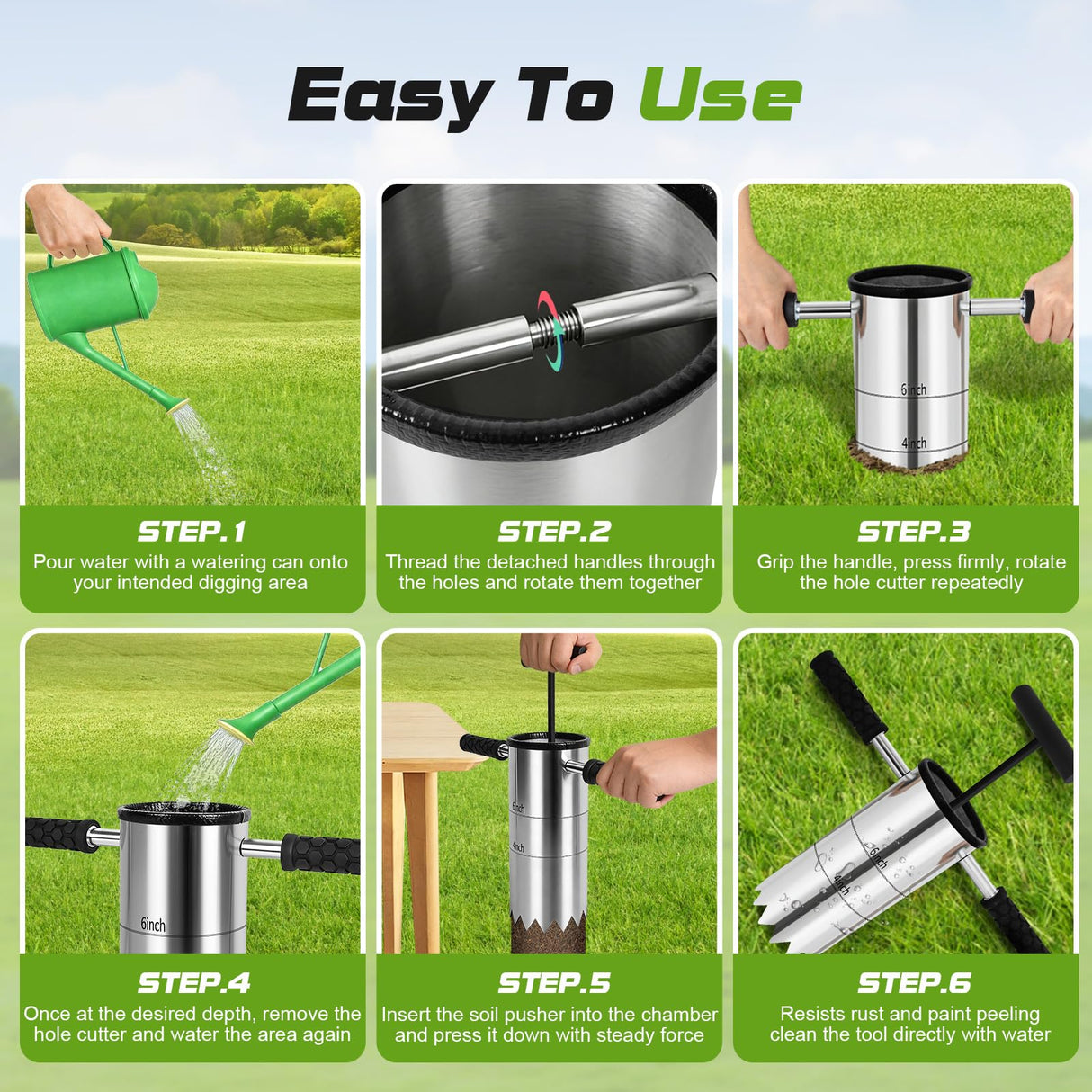 Somivrusa Portable Golf Hole Cutter 4" & 6" Golf Cup Digger, USGA-Standard Detachable Handle Stainless Steel Hole Digger for Backyard, Garden & Outdoor Golf Putting