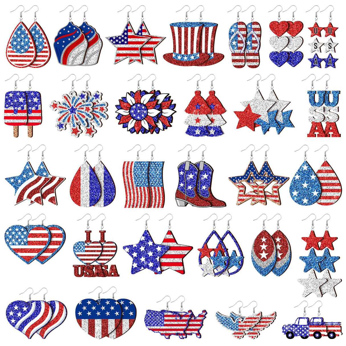 Landical 30 Pairs Glitter 4th of July Patriotic Earrings Bulk for Women Double Sided Print 250th Anniversary Independence Day Wooden Earring American Flag Red White Blue Jewelry Gift for Party