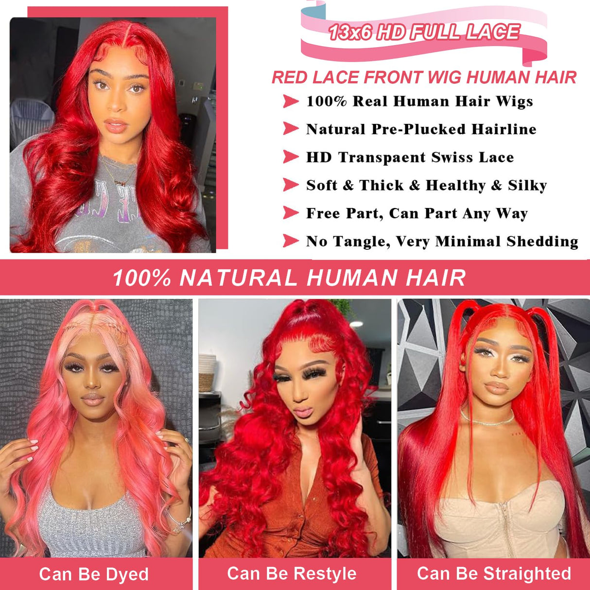ELFSECRET Red Lace Front Wigs Human Hair Body Wave 13x6 HD Lace Front Wig Human Hair 180% Density Wear and Go Glueless Red Wigs Human Hair Pre Plucked Burgundy Red Colored Wigs for Women 26 Inch