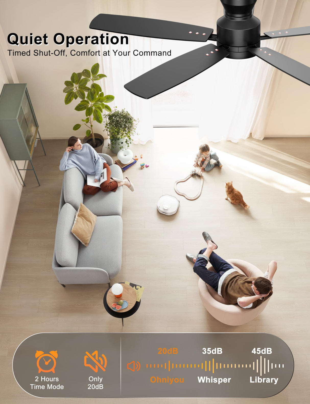 Ohniyou Ceiling Fans with Lights, 52'' Low Profile Ceiling Fan with Light and Remote/APP Control, Modern Flush Mount Ceiling Fan for Indoor Bedroom Living Room, Dimmable, Quiet DC Motor, Black