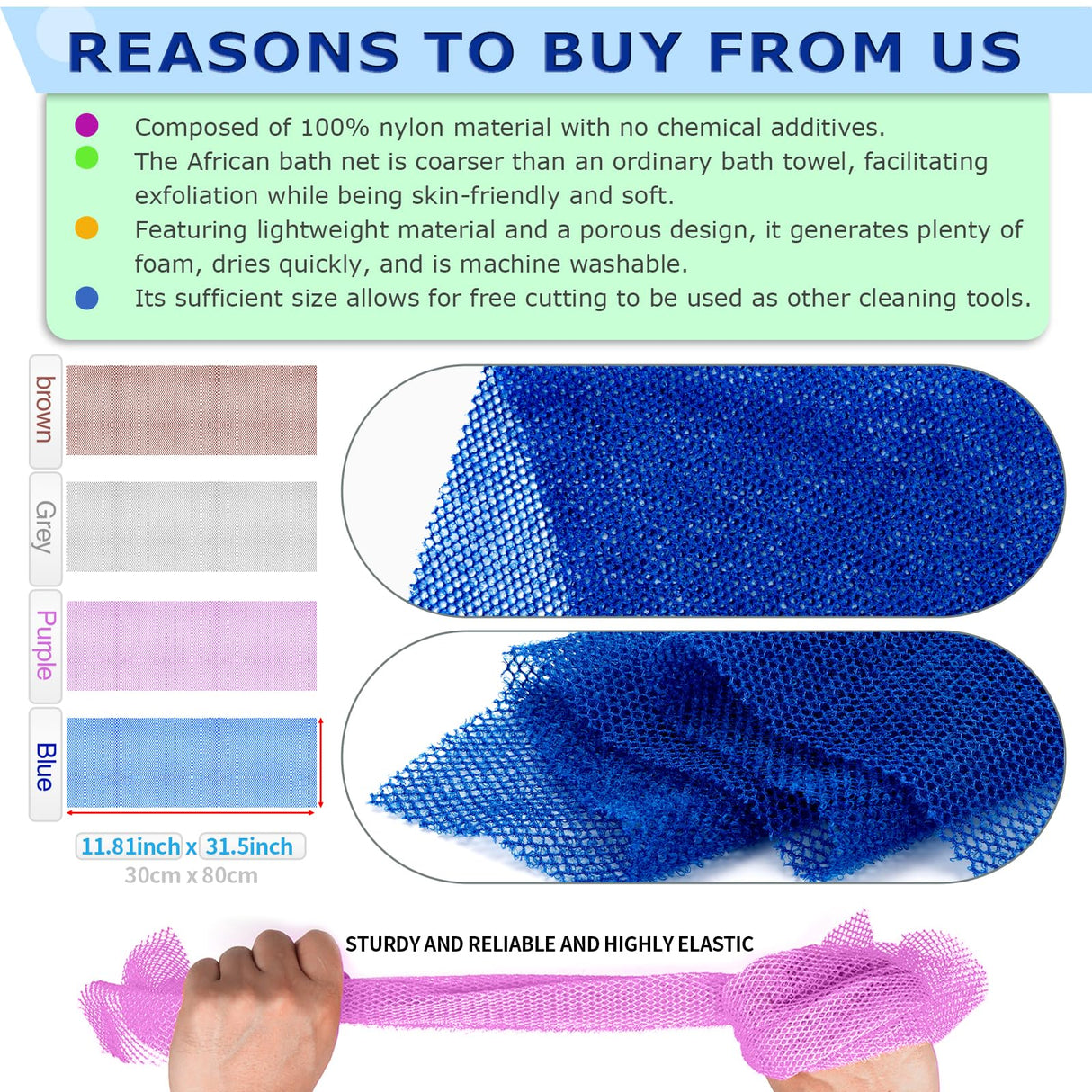 African Net Sponge Exfoliating Body Scrubber - 4 Pieces Long Bath Sponge for Shower, Back Cleanser Smoother, Natural Exfoliation, Gentle for Sensitive Skin, Daily Use(Brown, Blue, Purple,Grey)