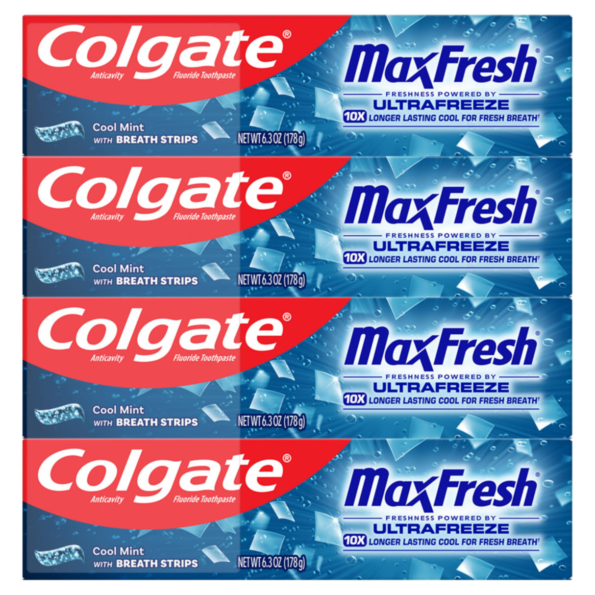 Colgate MaxFresh Cool Mint Toothpaste Pack, Fresh Breath Toothpaste with Fluoride and Hundreds of Mini Breath Strips, Leaves Mouth Feeling Refreshed for Hours, 4 Pack, 6.3 oz