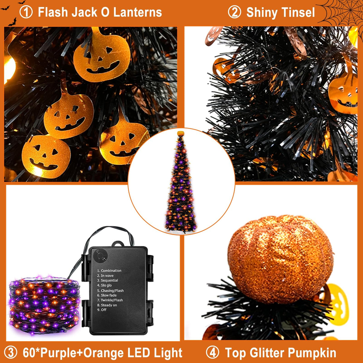 Timer - 6 Ft 60 LED Tinsel Halloween Tree Decor with Orange & Purple Lights 8 Modes Black Christmas Tree Pumpkin Battery Operated Pop Up Artificial Tree Indoor Outdoor Decorations