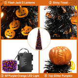 Timer - 6 Ft 60 LED Tinsel Halloween Tree Decor with Orange & Purple Lights 8 Modes Black Christmas Tree Pumpkin Battery Operated Pop Up Artificial Tree Indoor Outdoor Decorations