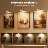 3Pcs Battery Operated Picture Light, Magnetic Led Painting Light with Remote Dimmable and Timer, 3 Lighting Modes Art Display Light for Picture Frame Paintings, Wireless Wall Decor Puck Lights, Gold