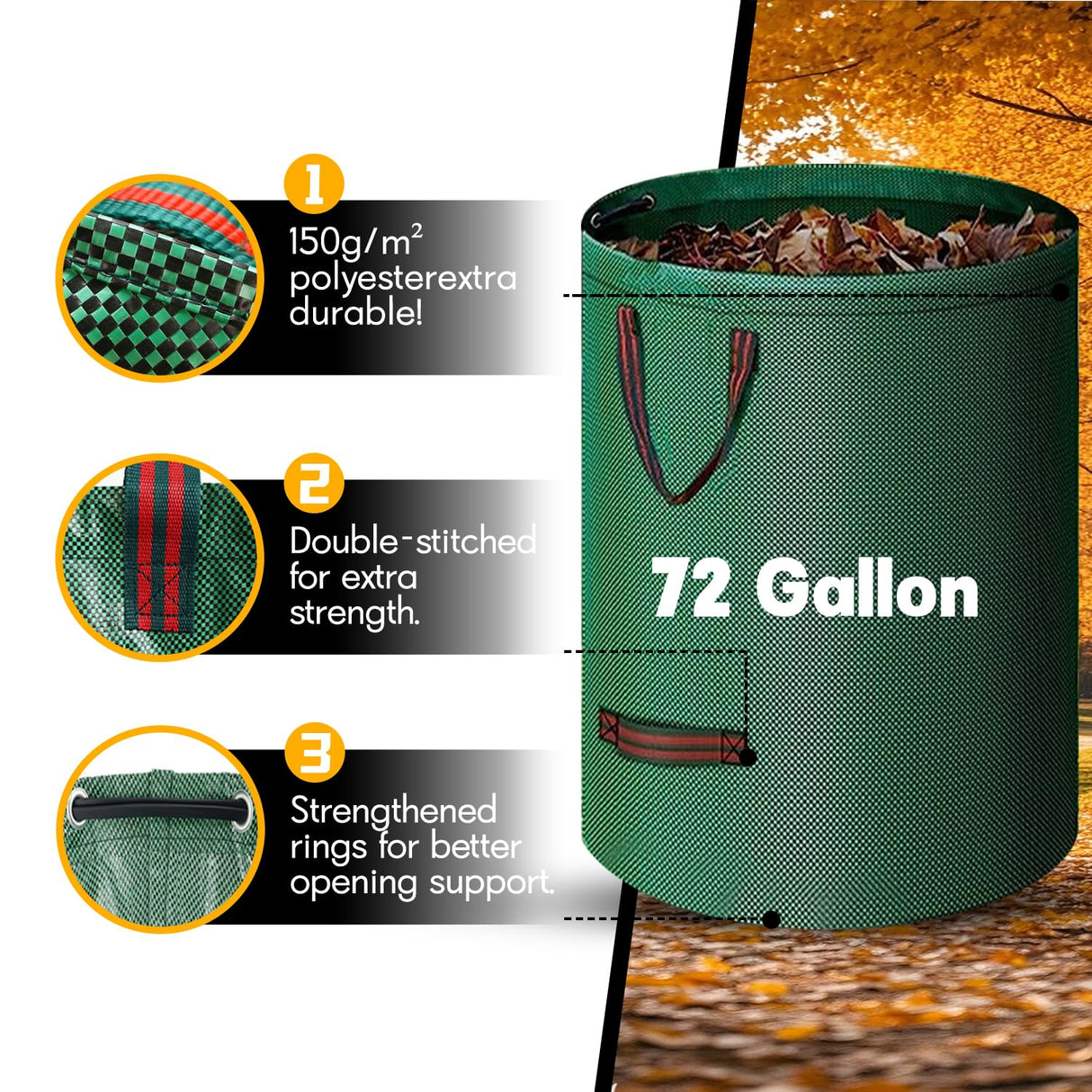 Reusable Yard Waste Bags - 3 Pack, 72 Gallon Lawn Bags with Reinforced Handles, Ideal for Grass, Leaves, and Yard Waste - Durable and Garden Waste Bags, Collapsible Lawn Leaf Bag, Leaf Bag Stand Up.