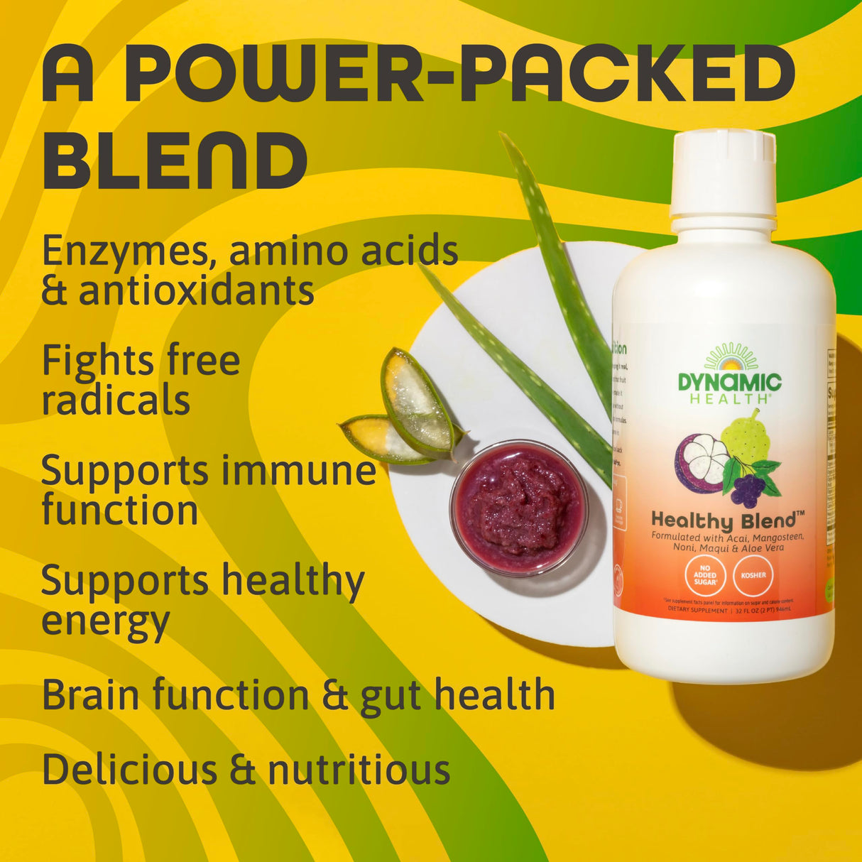 Dynamic Health Healthy Blend with Acai, Mangosteen, Noni, Maqui & Aloe Vera, No Additives, Immune System Support, Antioxidant, Vegan, Gluten Free, Non-GMO, 32 Fl oz