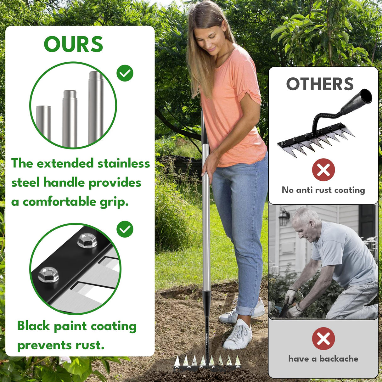 Iron Weeding Rake with Long Handle 2.0, Upgraded 8 Teeths Garden Weed Puller Tool Heavy Duty Gardening Tool for Lawn, Flower Beds & Soil Aeration