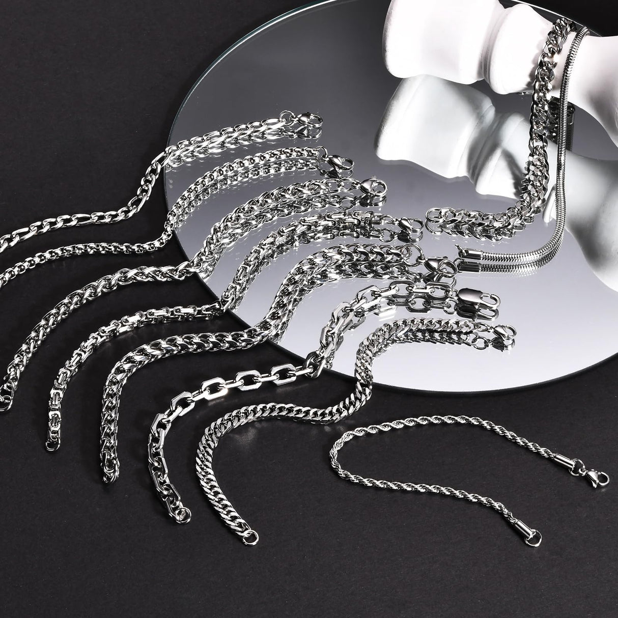 VNOX Silver Chain Bracelet for Men - 10 Pcs Solid Stainless Steel Rope/Figaro/Paperclip/Cuban Link/Snake Curb Chunky Chain Bracelet Set Wrist Band for Men Women,Mens Jewelry Set