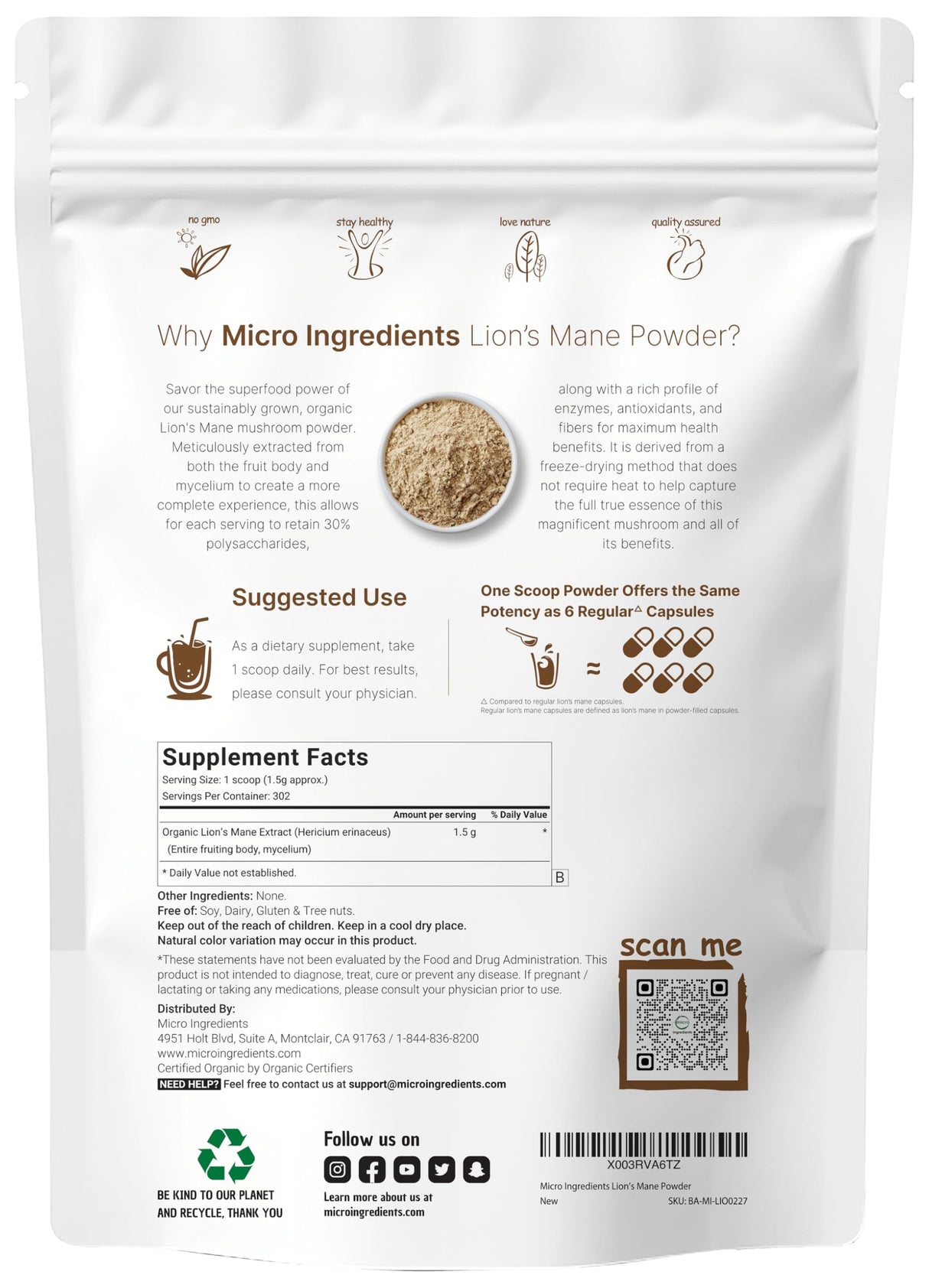 Micro Ingredients Organic Lions Mane Mushroom Supplement Powder, 16 Ounce | Natural Superfood for Brain, Energy, & Immune Health | Non-GMO Vegan