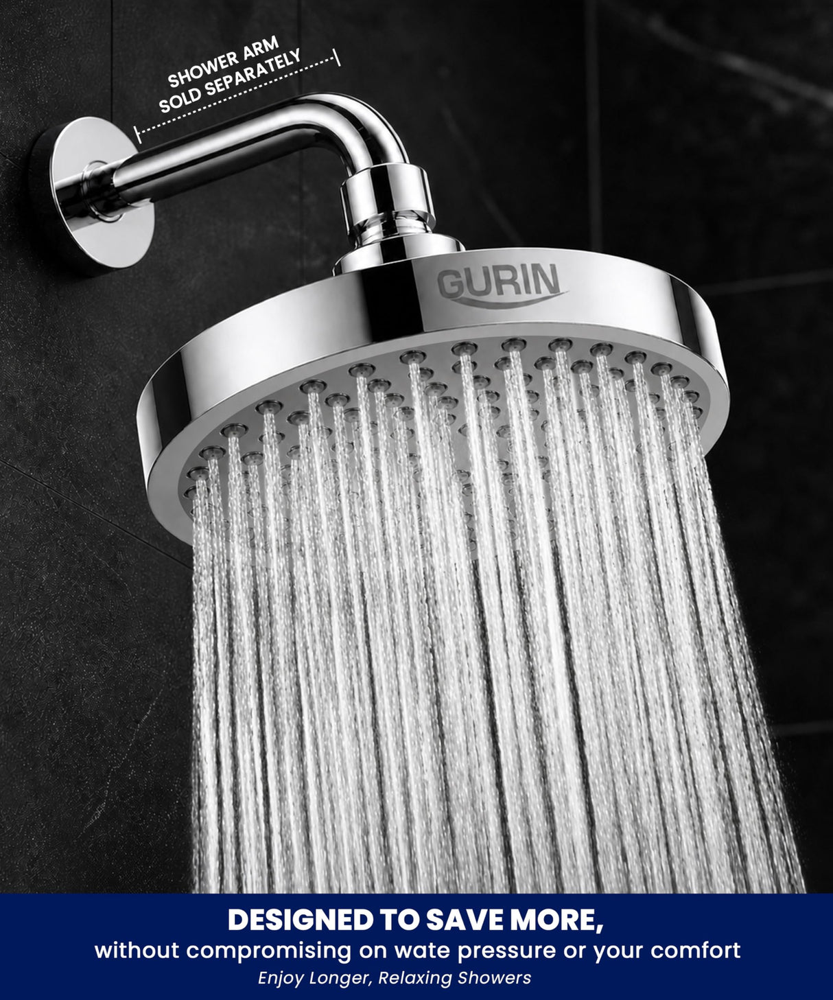 GURIN Shower Head - Powerful High Pressure Rain Shower Head 6 Inch - Luxury Rainfall Showerhead with Adjustable Angles, 90 Anti-Clog Nozzles, Tool-Free 1-Min Install, Premium Polished Chrome Finish