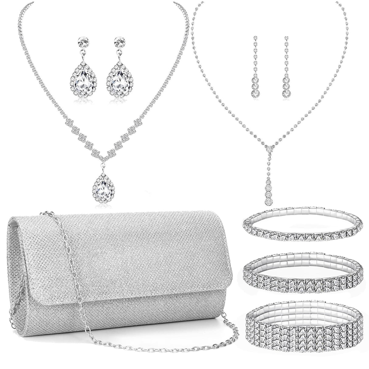 FEYIR Clutch Purse Jewelry Set for Women Evening Bags Rhinestone Crystal Necklace Earrings Bracelet Set Formal Wedding Bridal Accessories Jewelry for Prom